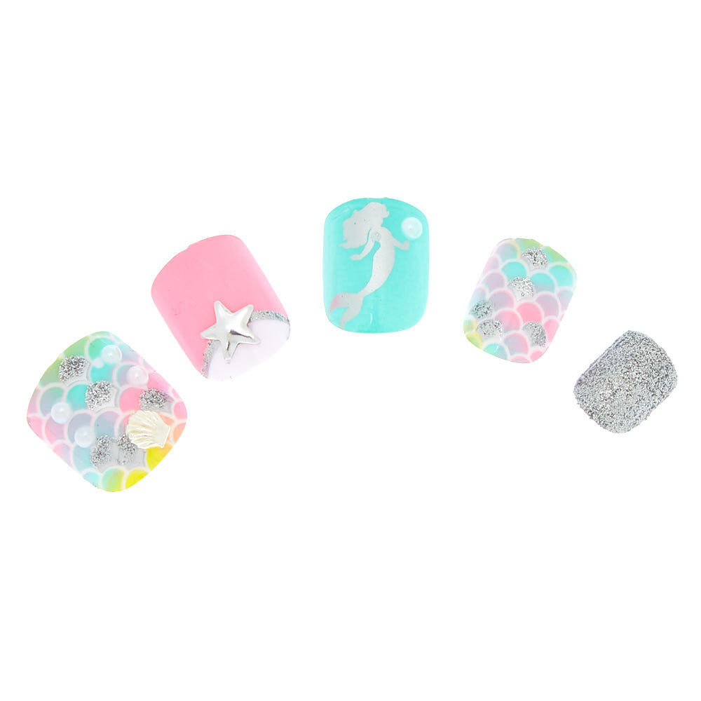 Lot de 24 faux ongles motif sirène pastel,