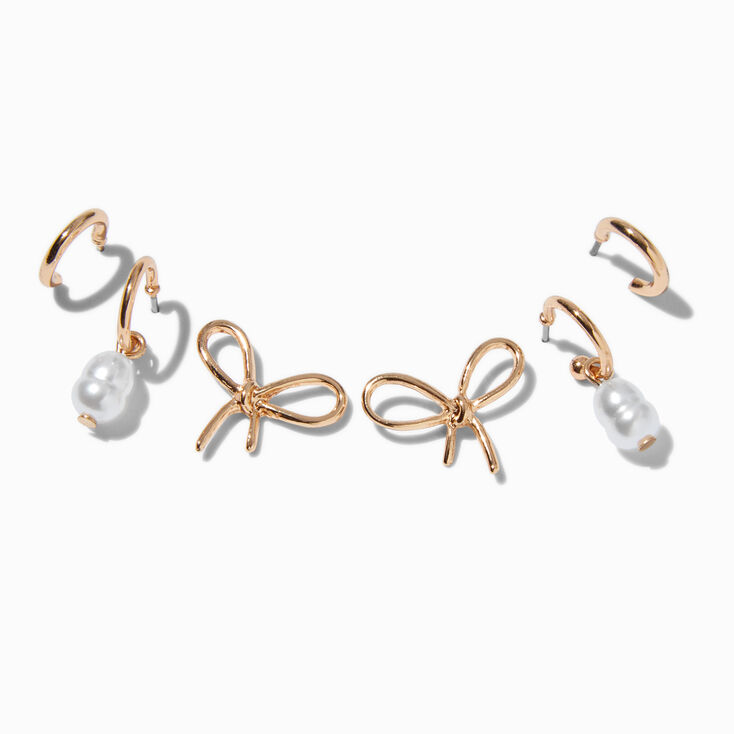 Boucles d&#39;oreilles empilables perle d&#39;imitation n&oelig;ud nou&eacute; couleur dor&eacute;e - Lot de 3,
