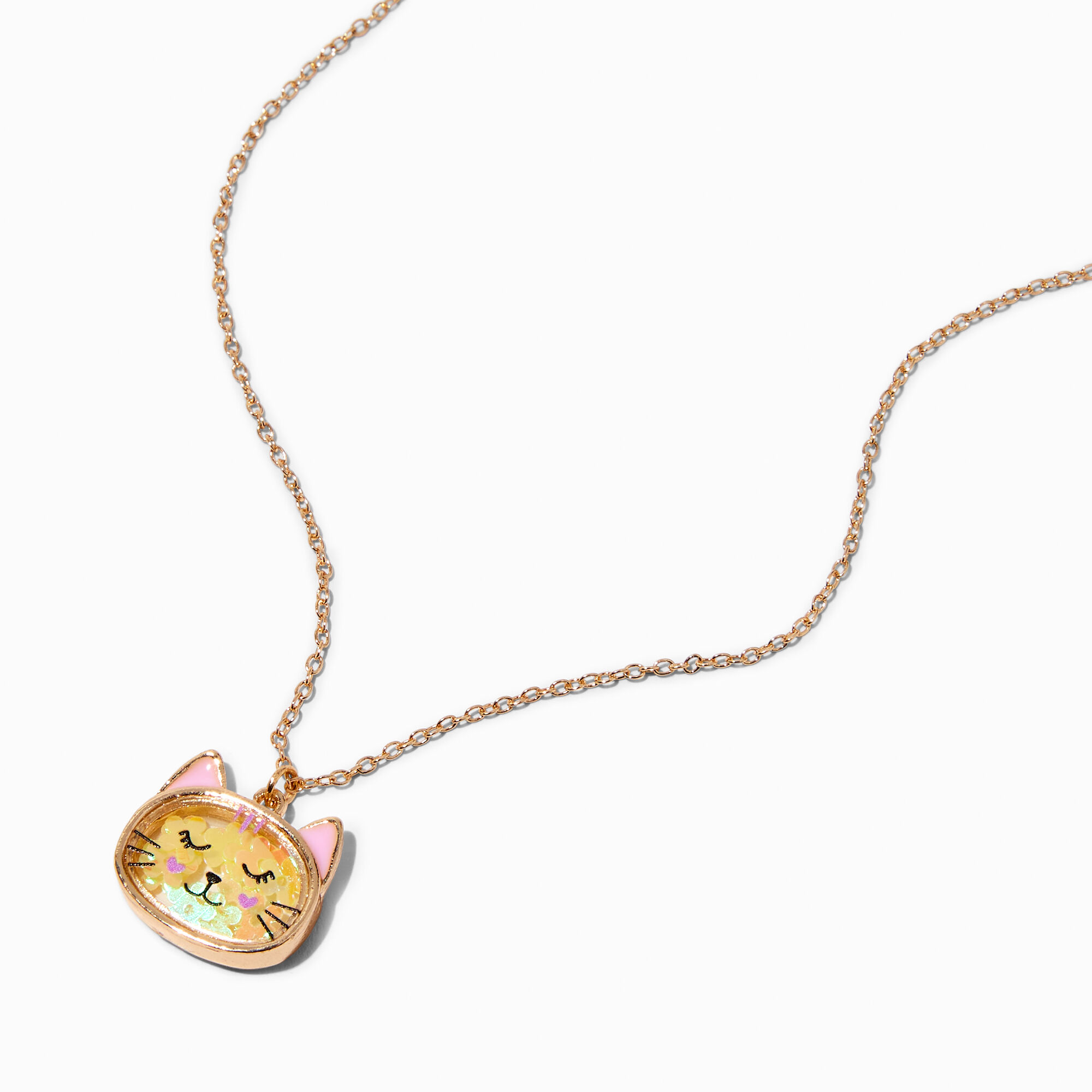 View Claires Tone Cat Shaker Pendant Necklace Gold information