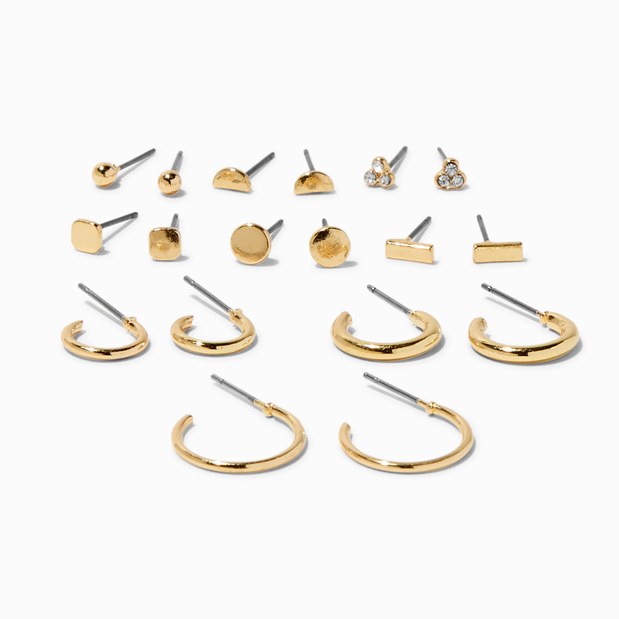 View Claires Tone Mini Geometric Earrings Set 9 Pack Gold information
