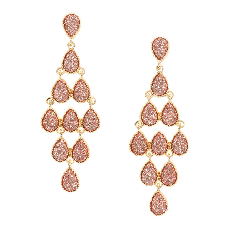 Rose Gold Shimmer Stones Chandelier Clip On Drop Earrings Claire S Rose Gold Shimmer Stones Chandelier Clip On Drop Earrings