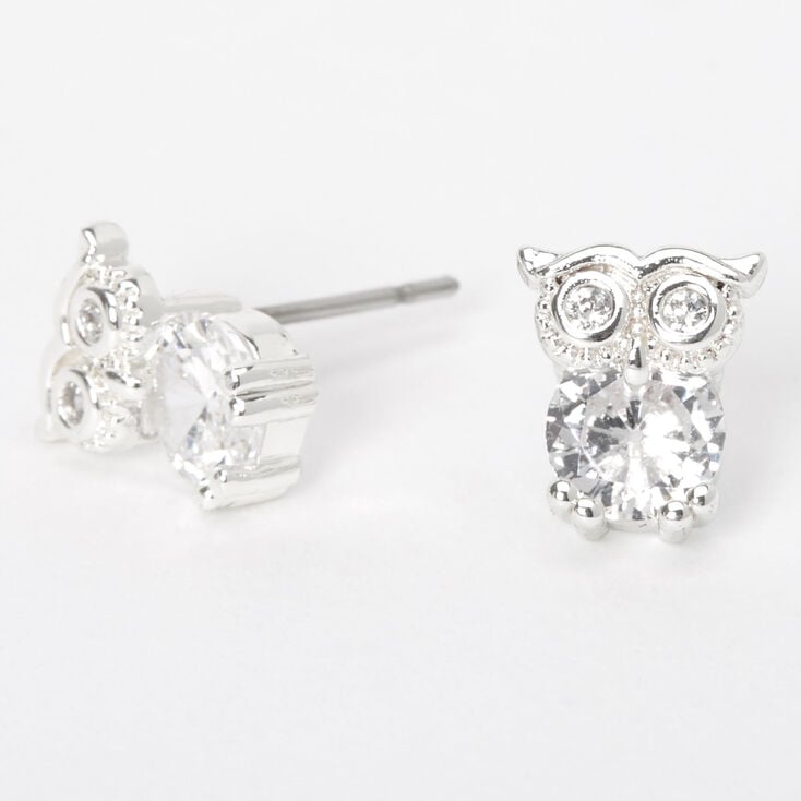 Silver Cubic Zirconia Owl Stud Earrings - 5MM,