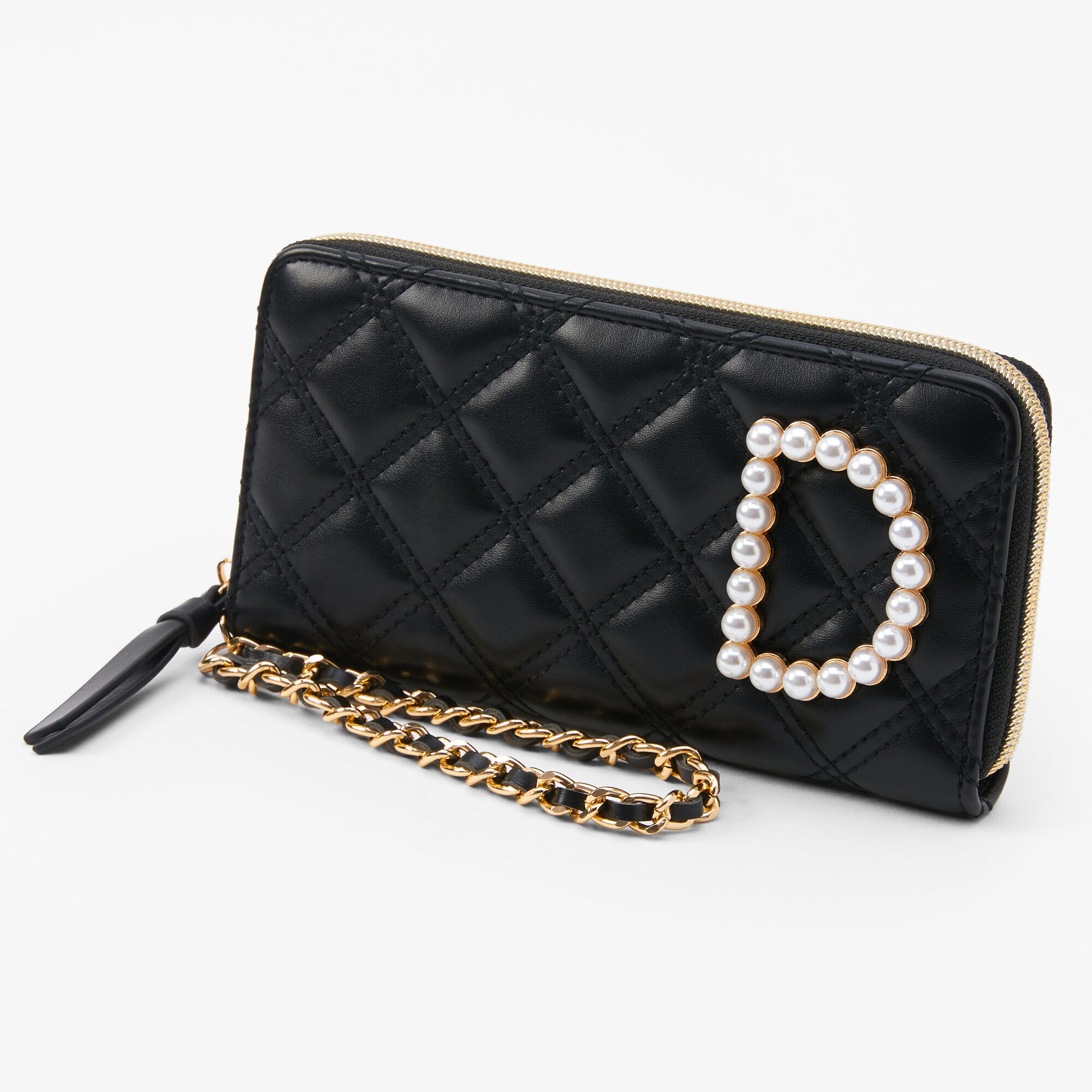 Claire's Pochette poignet à initiale avec perles d’imitation - Noir, D