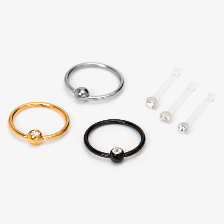 Mixed Metal 20G Retainer Stud &amp; Hoop Nose Rings - 6 Pack,