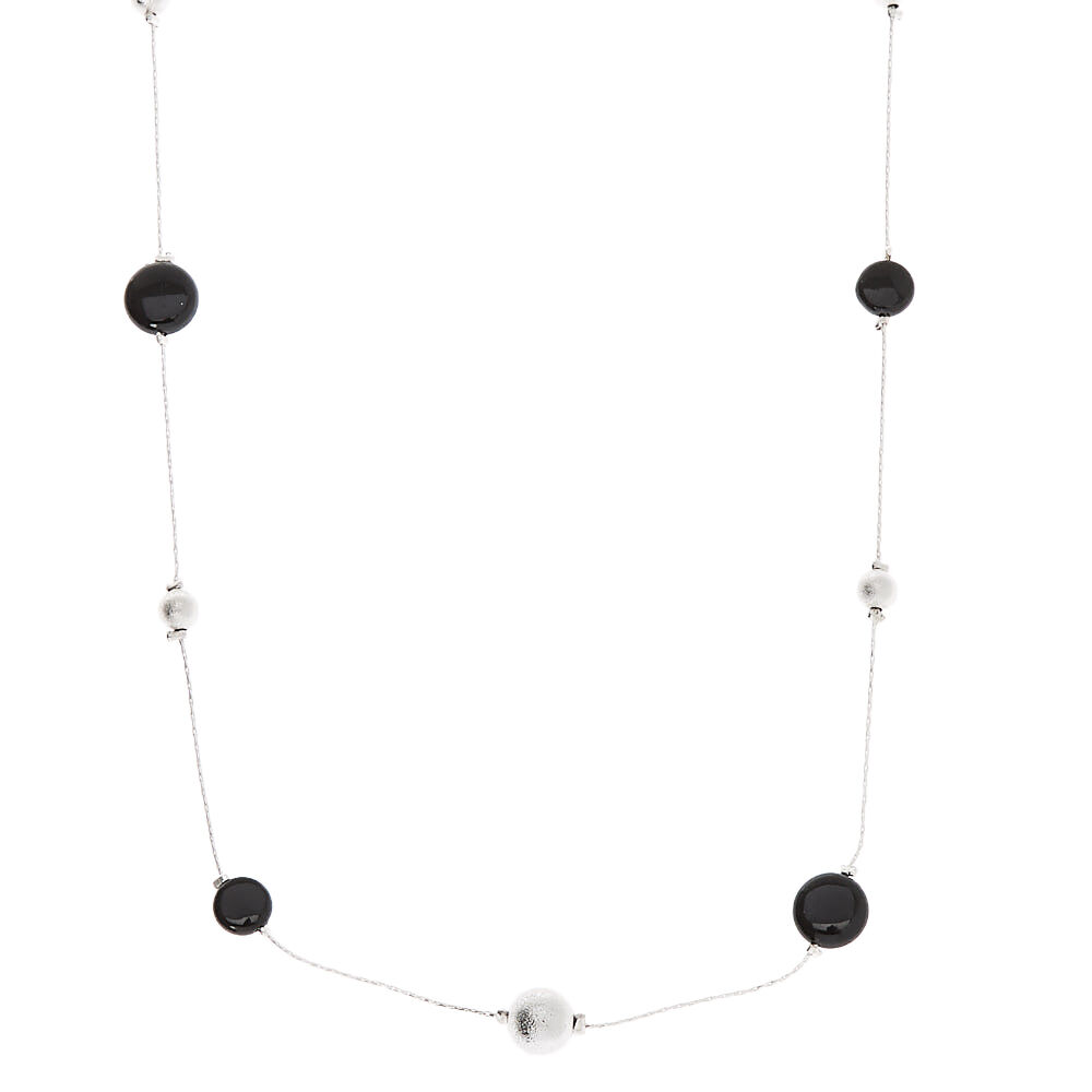 Silver Metallic Beaded Long Necklace - Black,