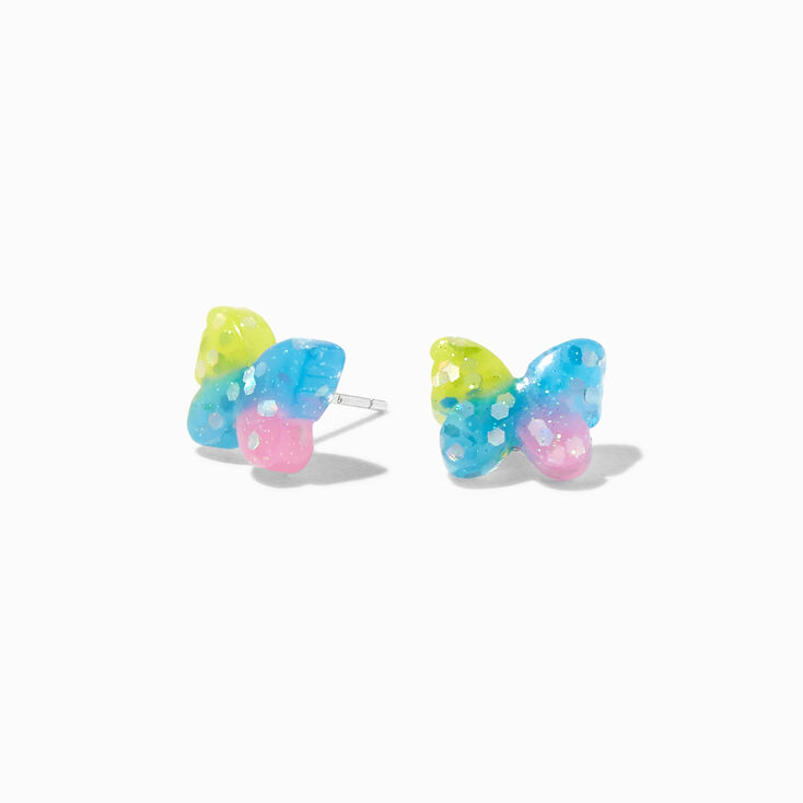 Pastel Glitter Glow in the Dark Butterfly Sterling Silver Post Stud Earrings,