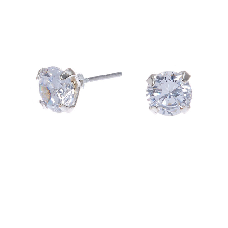 Silver Cubic Zirconia Round Stud Earrings - 5MM,