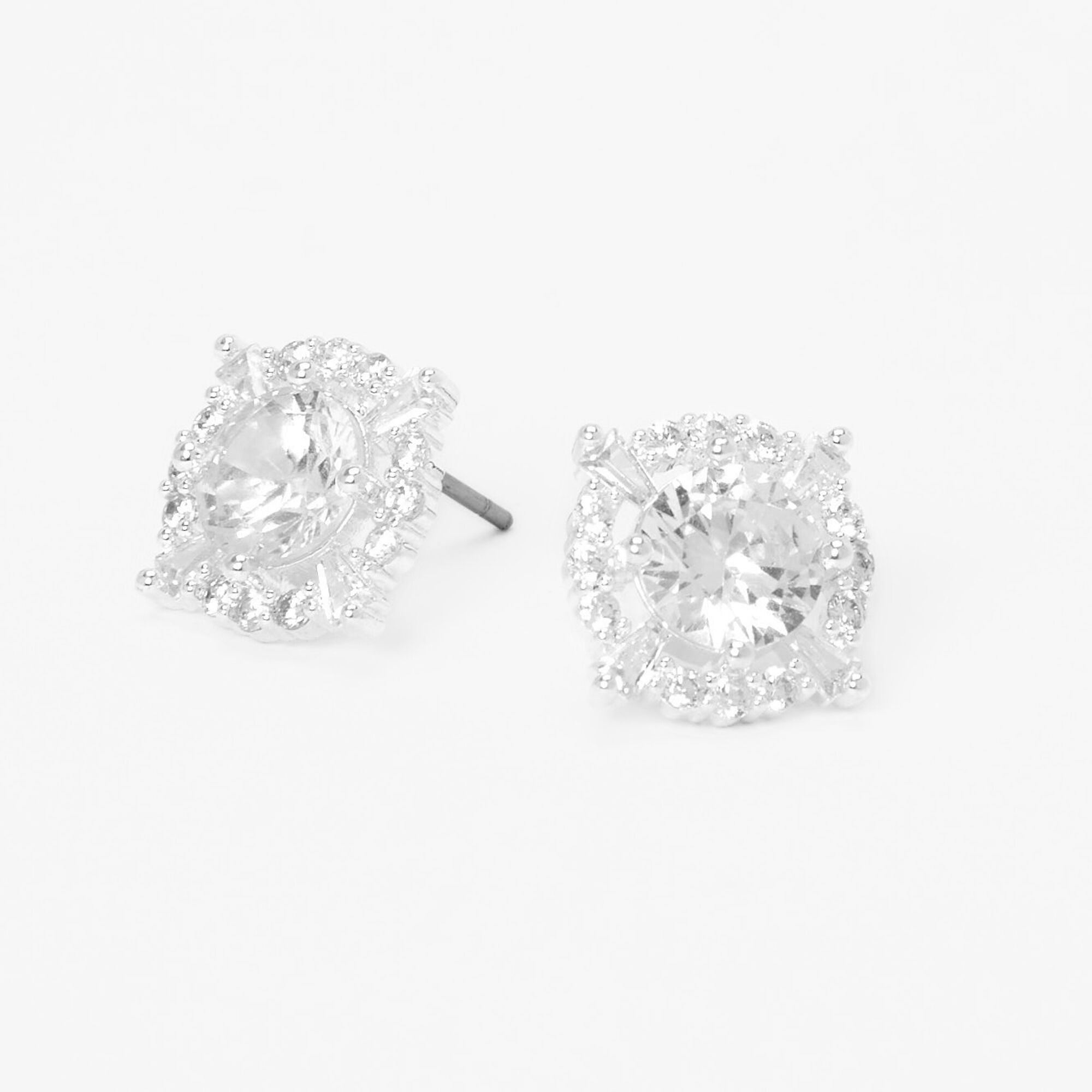 Silver Round Cubic Zirconia Halo Stud Earrings,