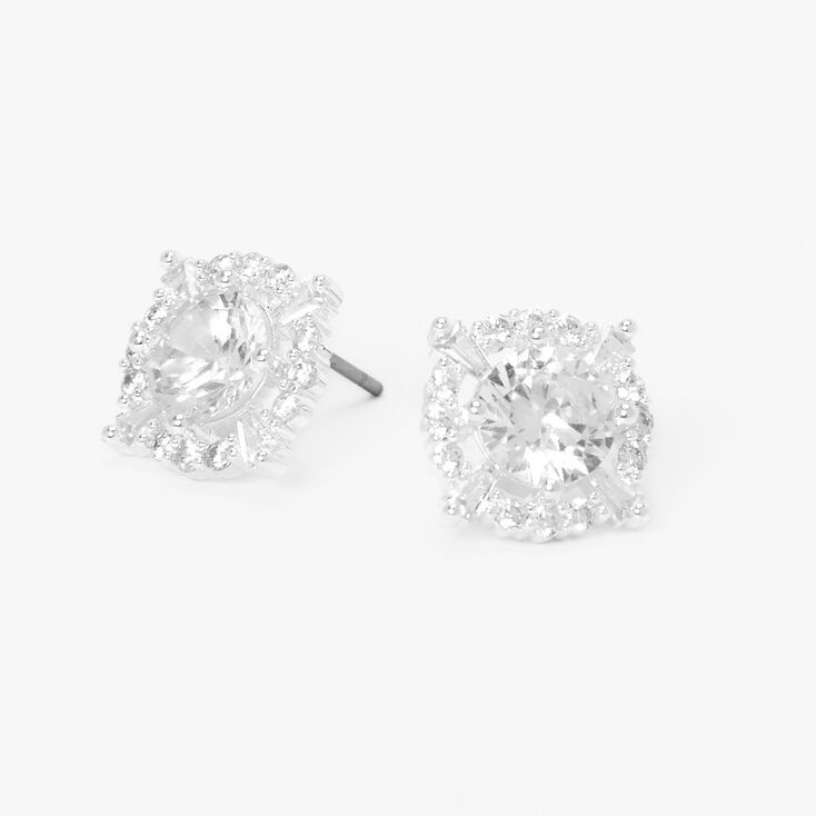 Silver Round Cubic Zirconia Halo Stud Earrings,