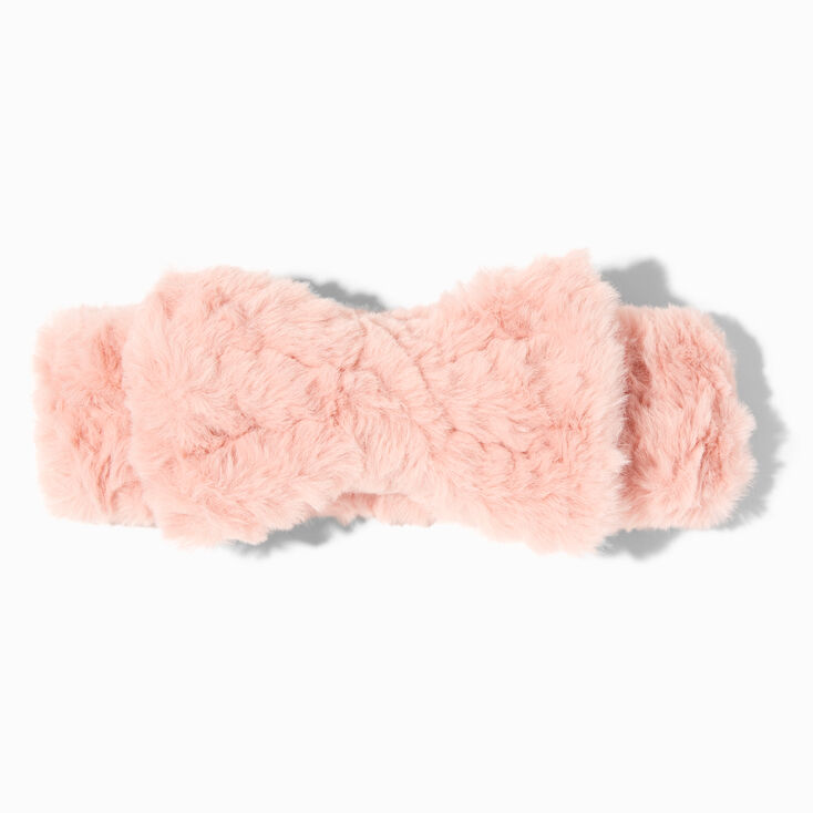 Bandeau de d&eacute;maquillage &agrave; n&oelig;ud en fausse fourrure rose,