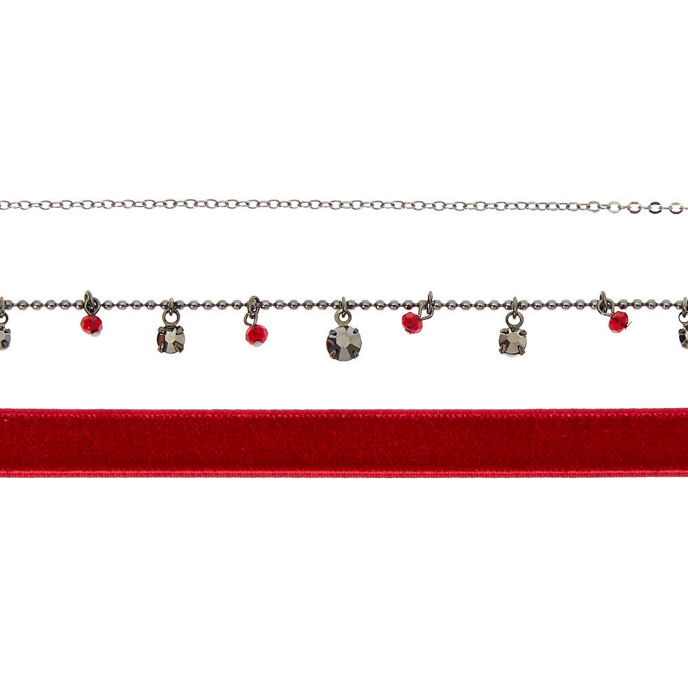 Hematite Beaded Velvet Choker Necklaces - Red, 3 Pack,