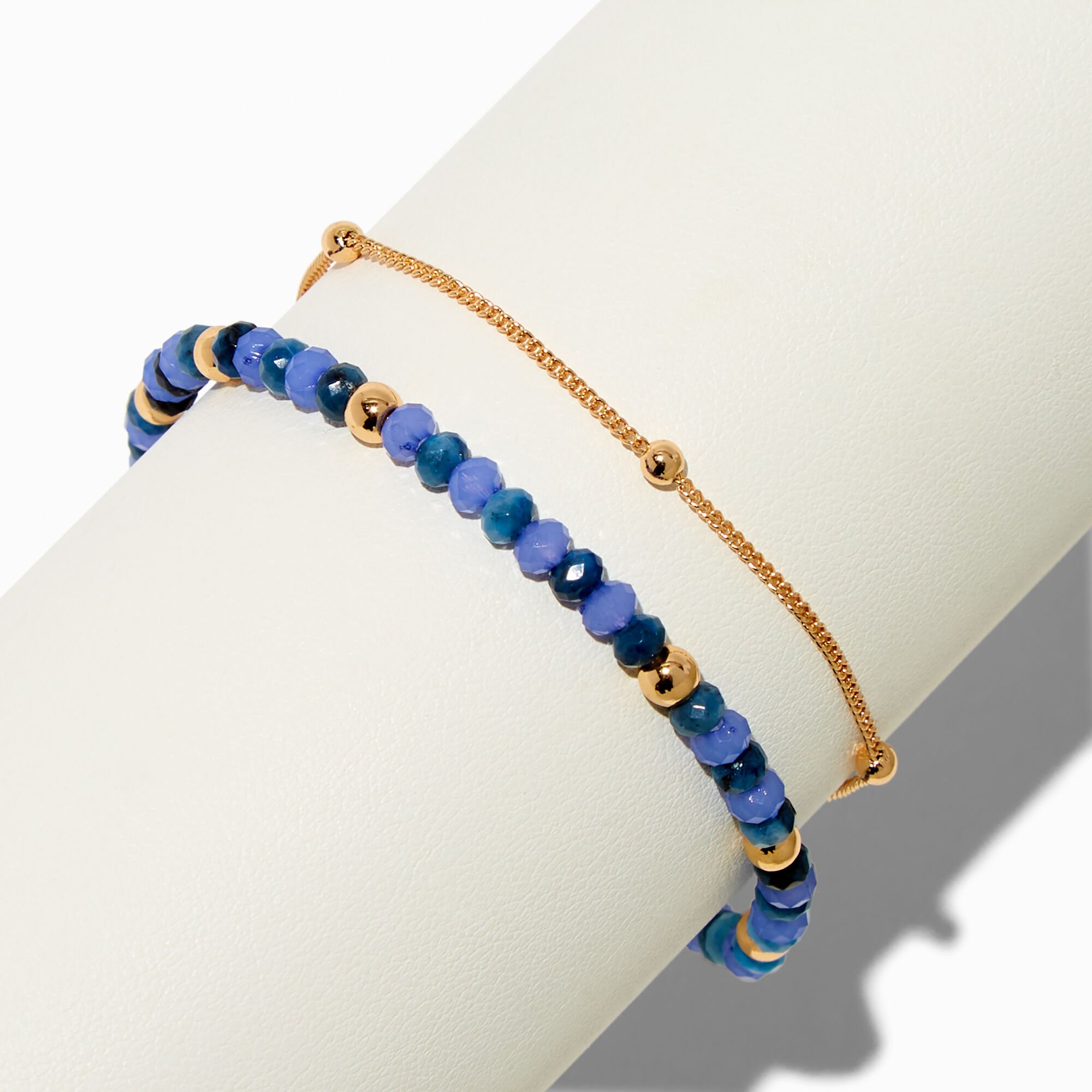Blue Beaded Gold-tone Chain Adjustable Bracelet,