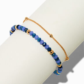 Blue Beaded Gold-tone Chain Adjustable Bracelet,
