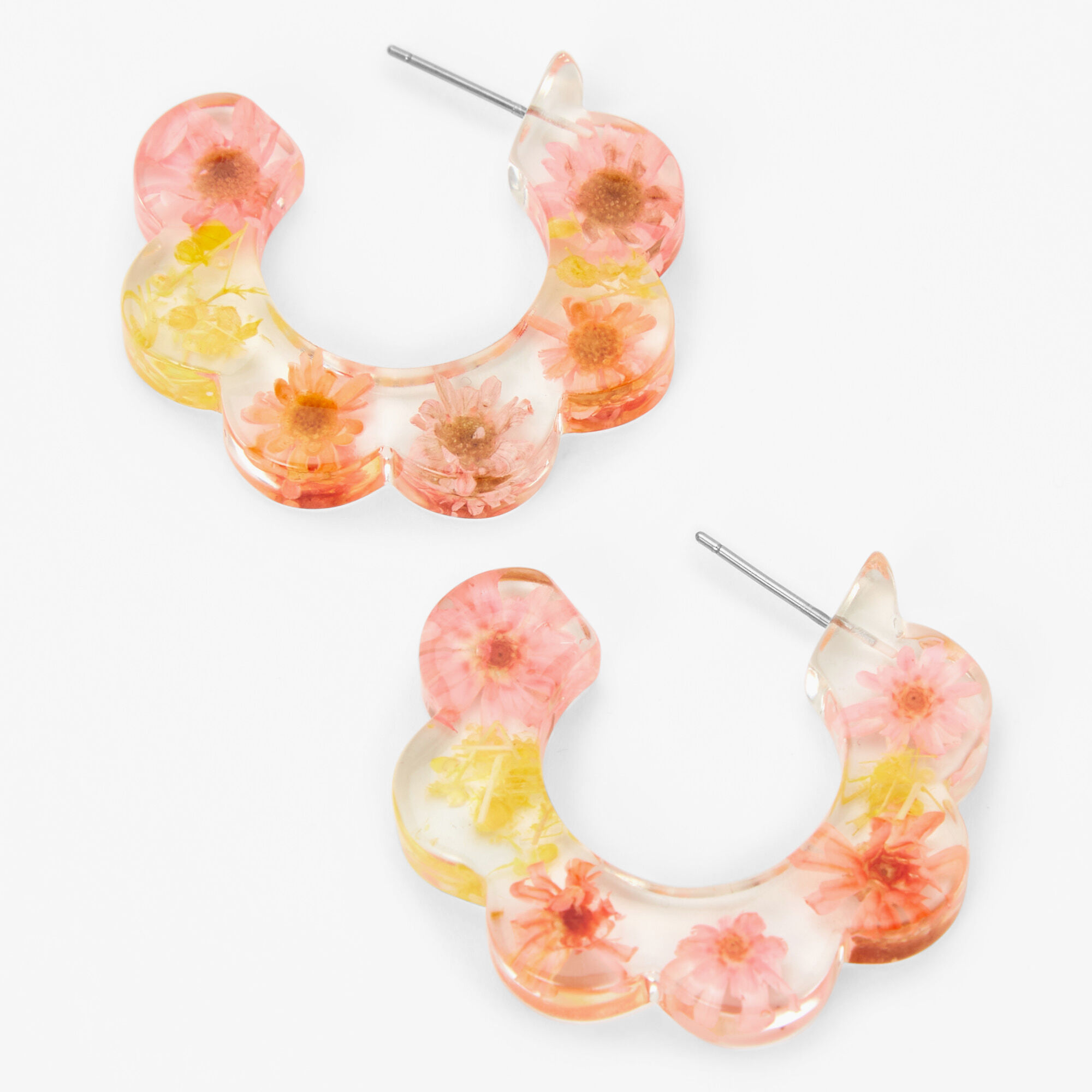 View Claires Pink 30MM Resin Floral Hoop Earrings Yellow information