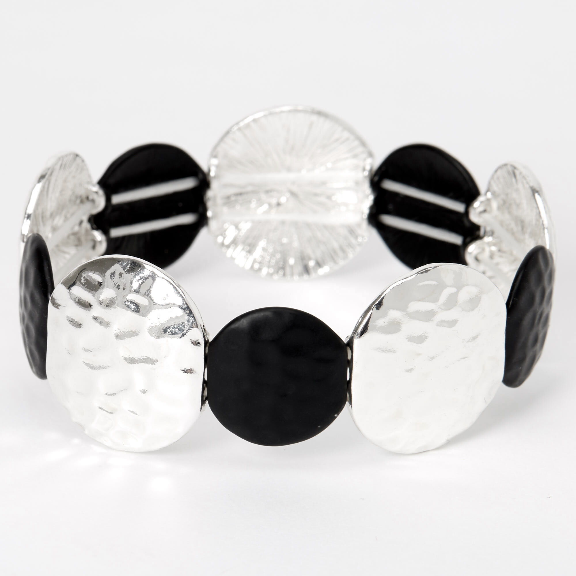 Silver & Black Hammered Circles Stretch Bracelet,