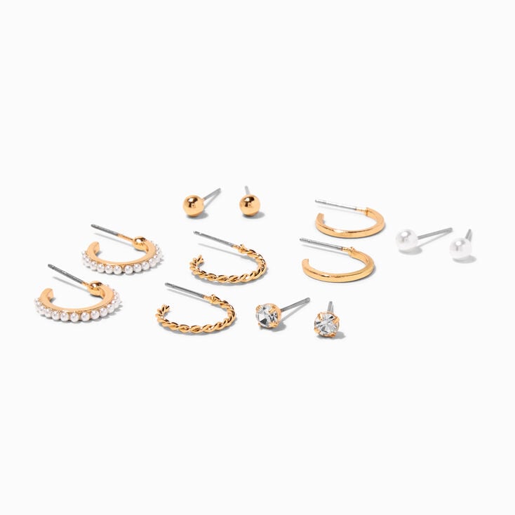 Gold Crystal &amp; Pearl Earrings Set - 6 Pack,