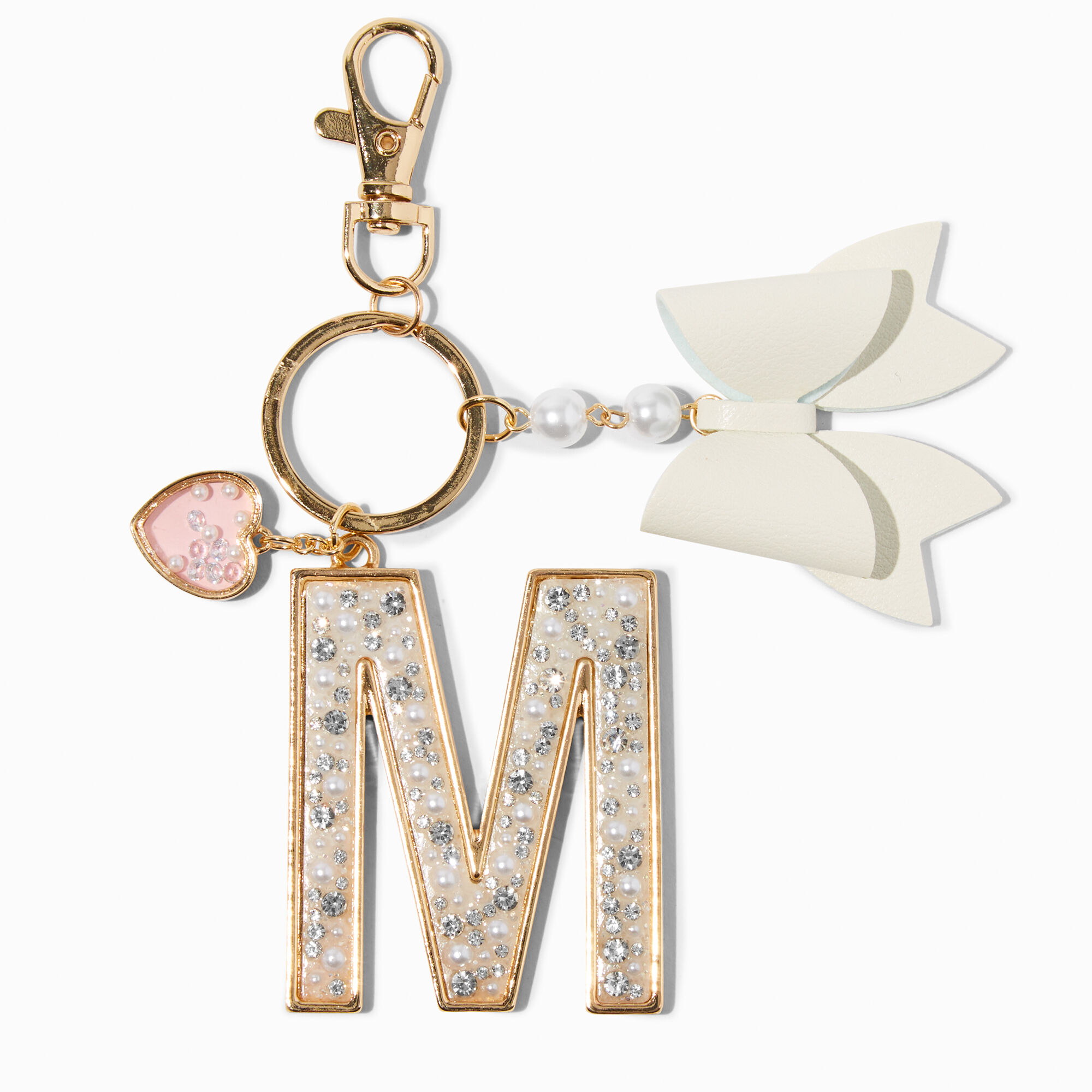 View Claires Pearl Crystal Tone Initial Keychain M Gold information