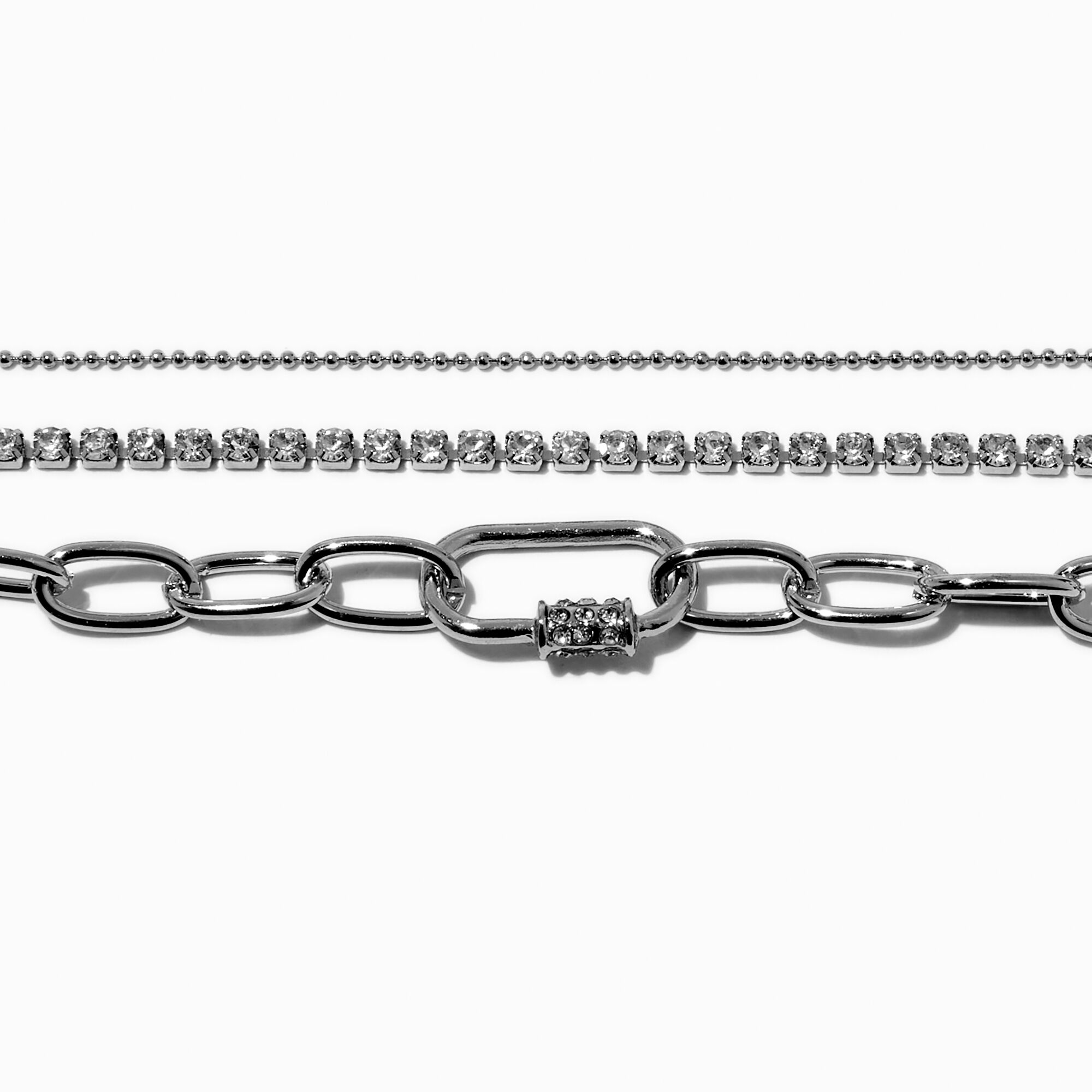 Silver-tone Carabiner Lock & Crystal Chain Bracelet Set - 3 Pack,