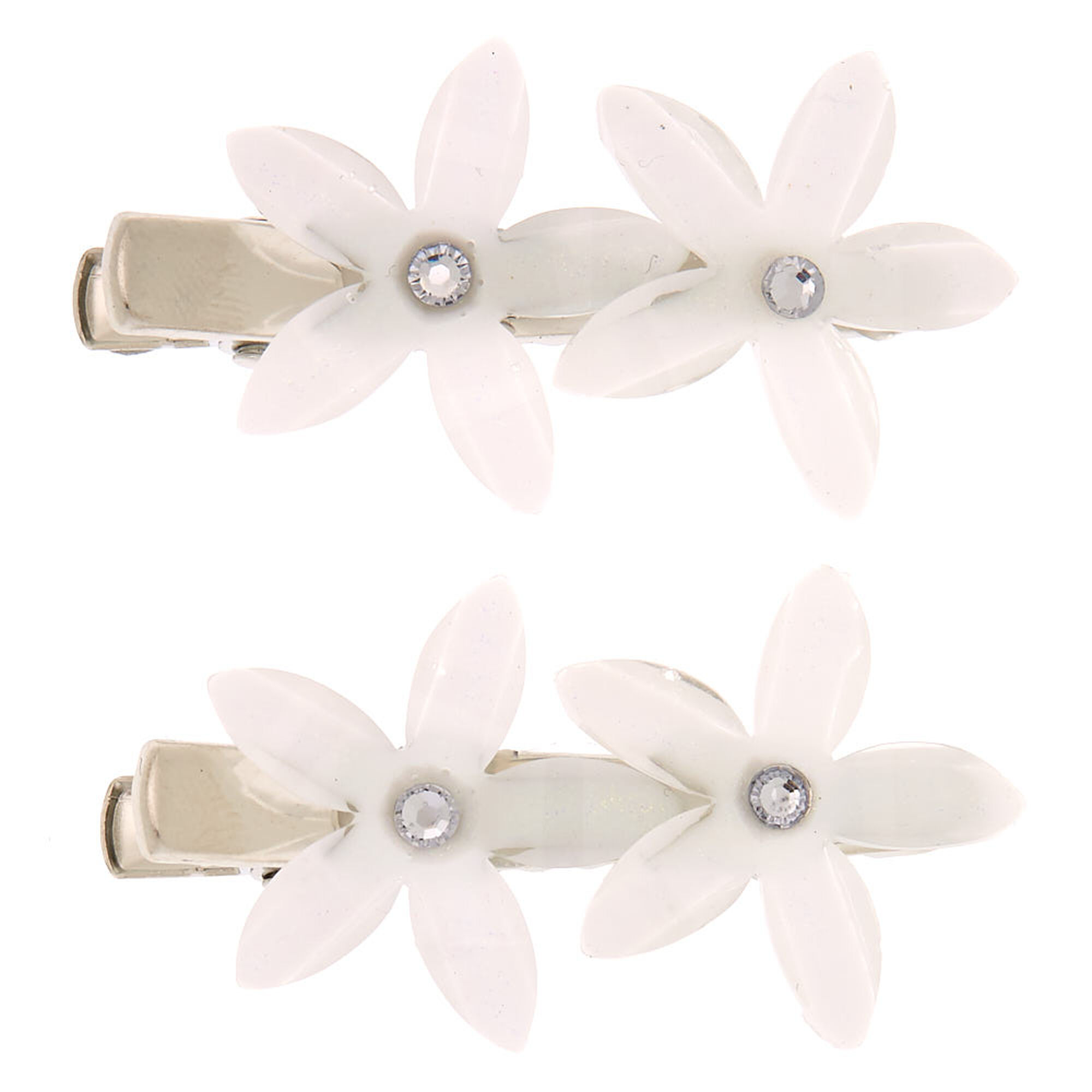View Claires Glitter Crystal Flower Hair Clips Ivory 2 Pack Silver information