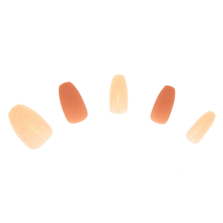 Matte Glitz Coffin Faux Nail Set - Nude, 24 Pack,