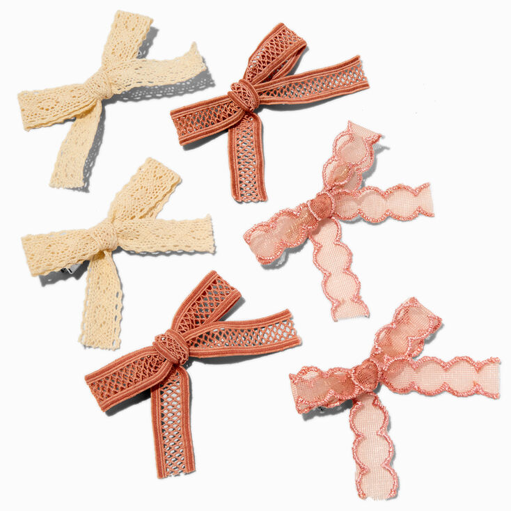 Mixed Boho Tan Lace Hair Bow Clips - 6 Pack,