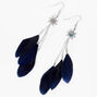 Silver 4&quot; Sunburst Navy Blue Feather Drop Earrings,