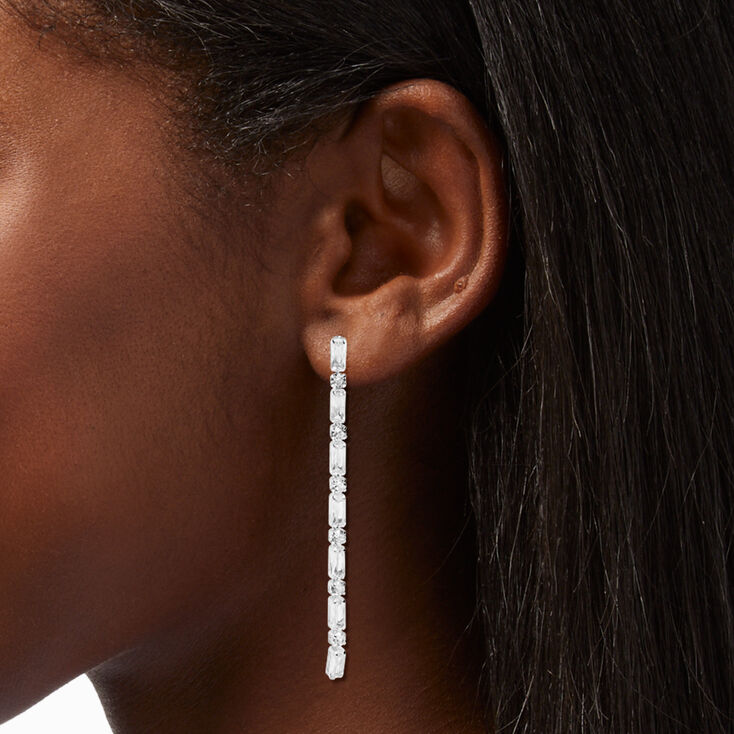 Silver Cubic Zirconia Baguette 3&quot; Linear Drop Earrings,