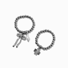 Silver-tone Beaded Charm Stretch Rings - 2 Pack,
