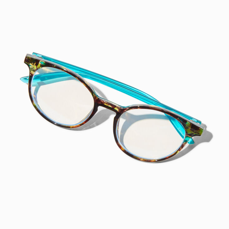 Solar Blue Light Reducing Tortoiseshell Teal Oval Clear Lens Frames,
