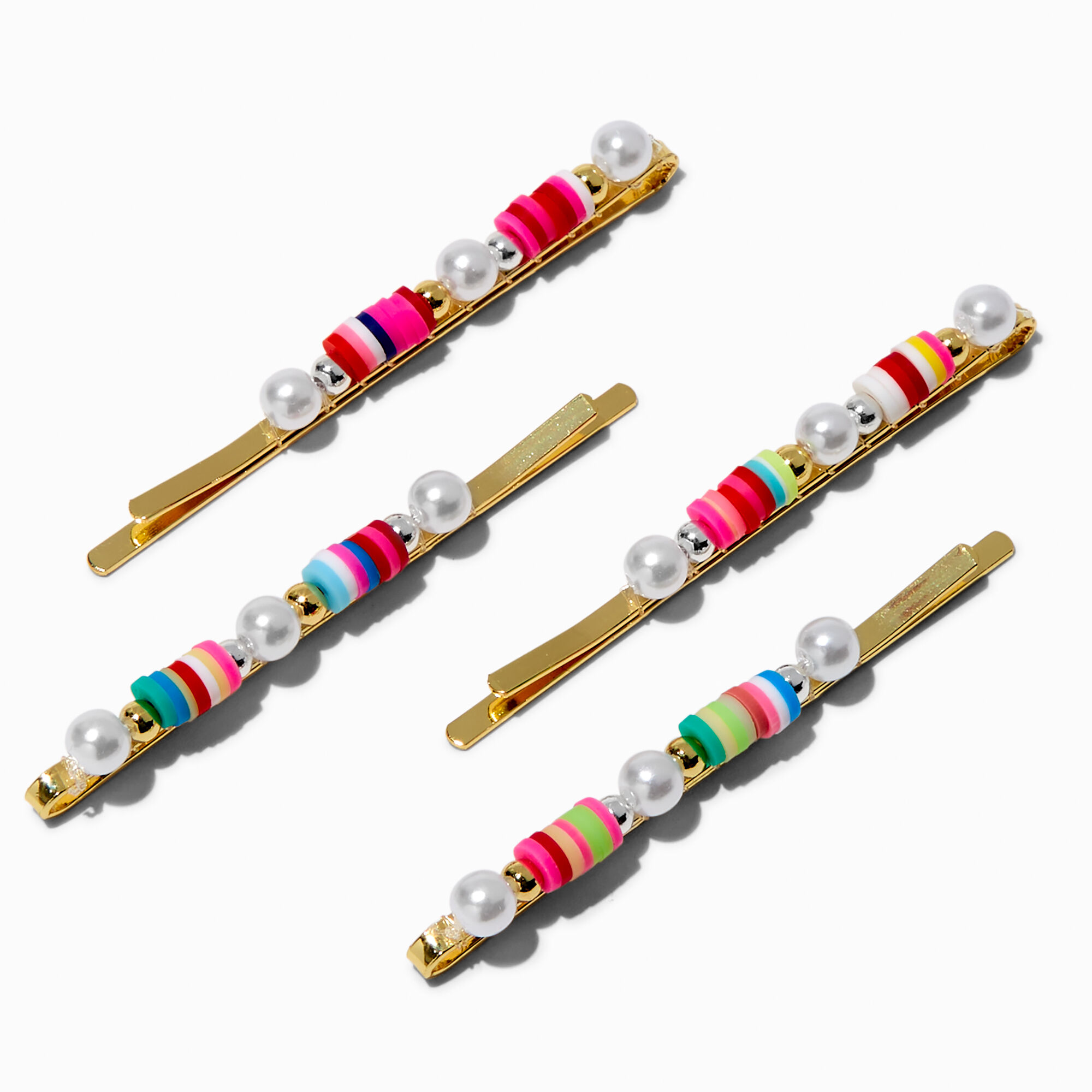 View Claires Rainbow Bead Pearl Hair Pins 4 Pack Gold information