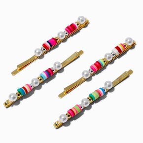 Rainbow Bead &amp; Pearl Hair Pins - 4 Pack,