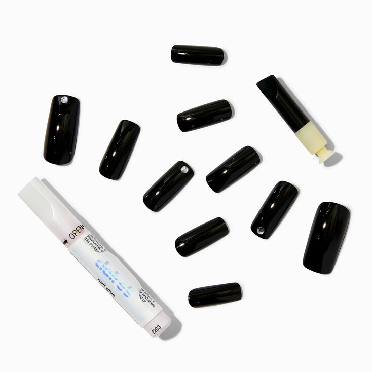 Black Blind Long Square Vegan Faux Nail Set - 24 Pack,