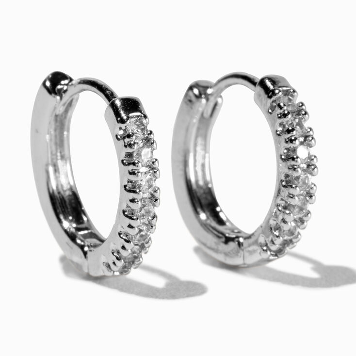 Silver-tone Cubic Zirconia 10mm Stacked Huggie Hoop Earrings,