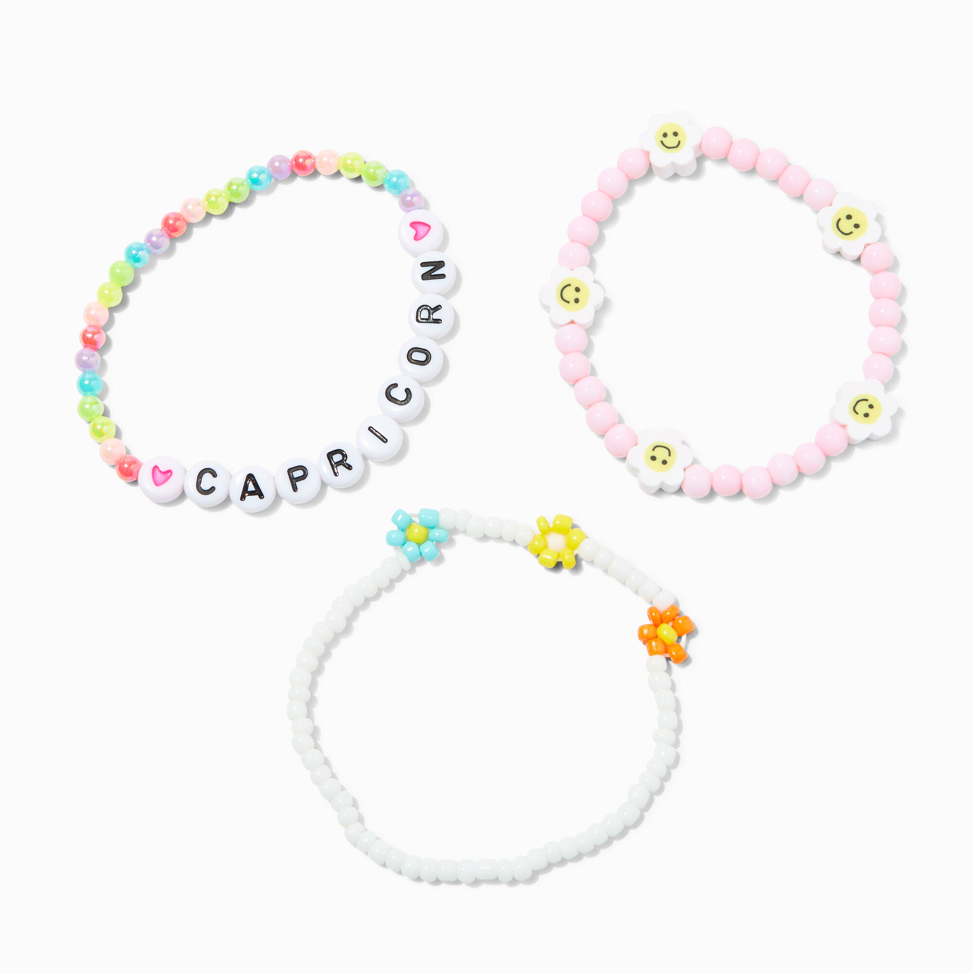 View Claires Zodiac Daisy Happy Face Beaded Stretch Bracelets 3 Pack Capricorn White information
