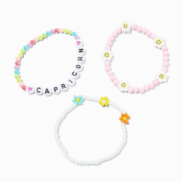 Zodiac Daisy Happy Face Beaded Stretch Bracelets - 3 Pack, Capricorn,