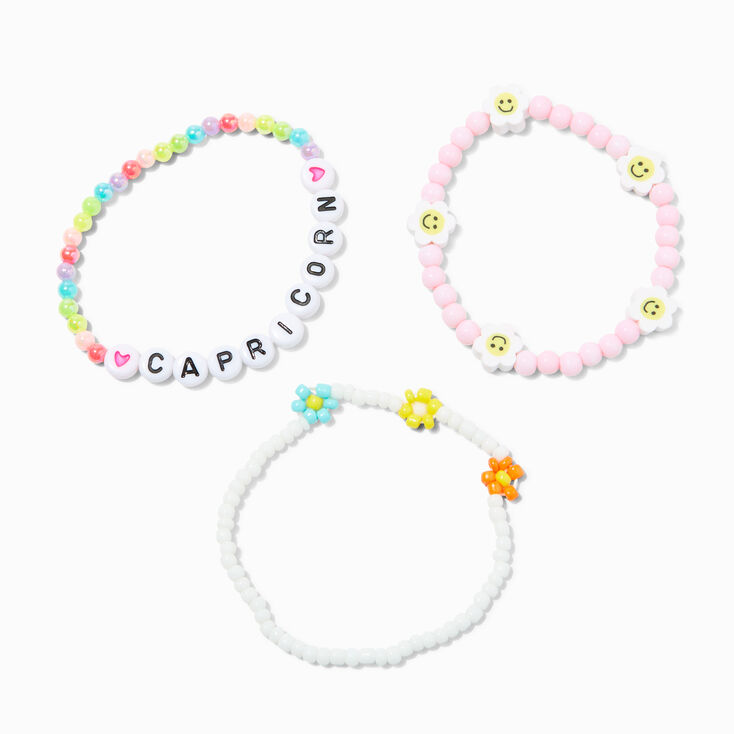 Zodiac Daisy Happy Face Beaded Stretch Bracelets - 3 Pack, Capricorn,