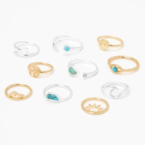 Mixed Metal Marble Stone Rings - Turquoise, 10 Pack,