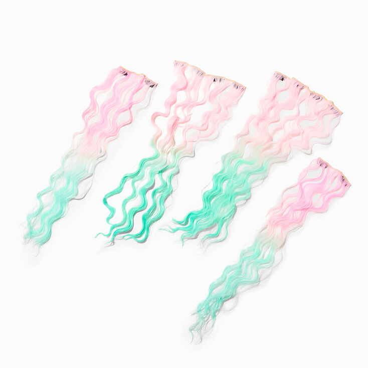 Pink &amp; Mint Ombr&eacute; Curly Faux Hair Clip In Extensions - 4 Pack,
