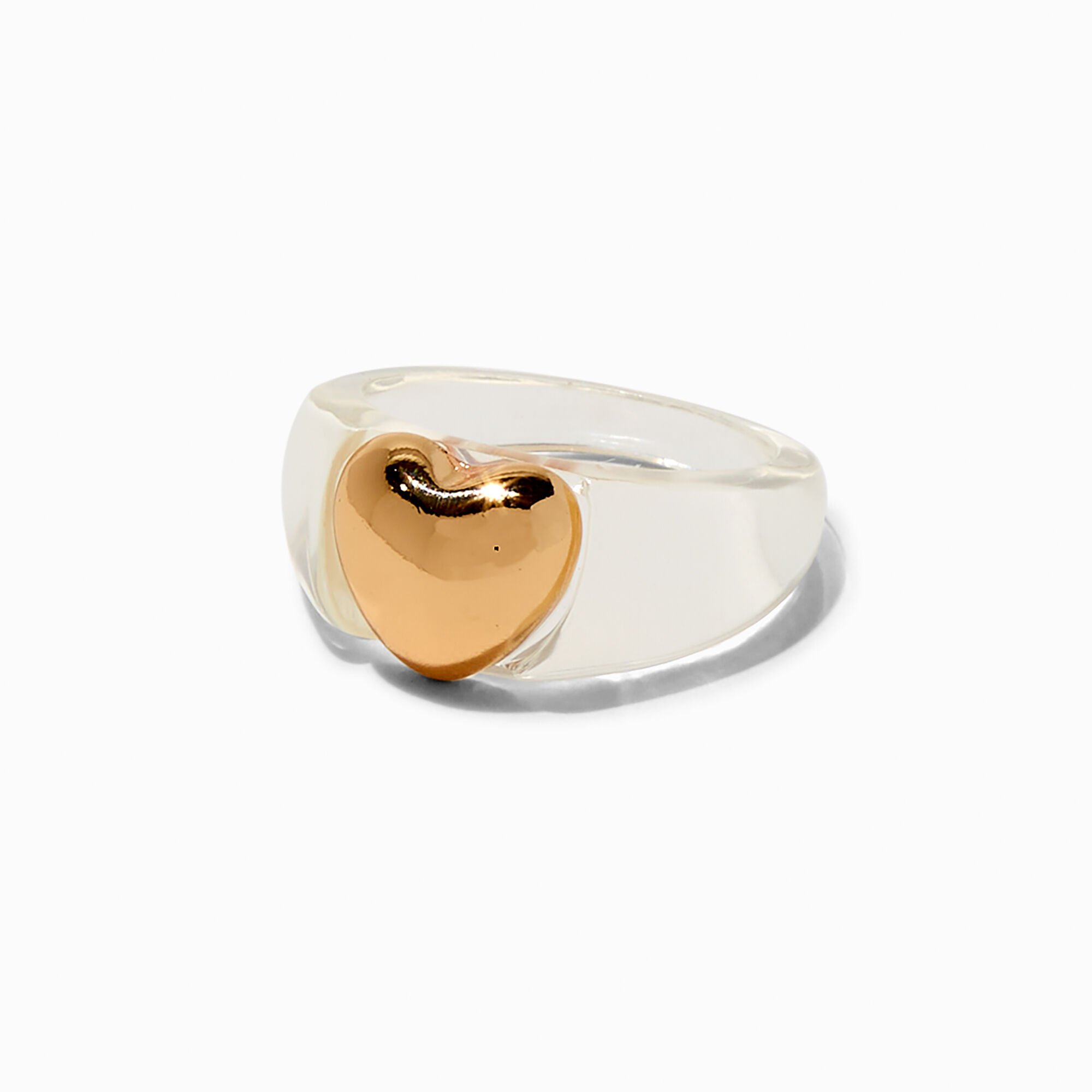 Bague en acrylique transparent cœur couleur dorée,