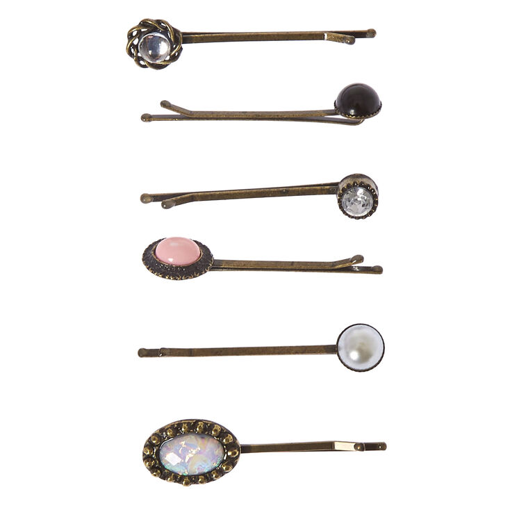 Antique Gold Mixed Stone Hair Pins - 6 Pack,