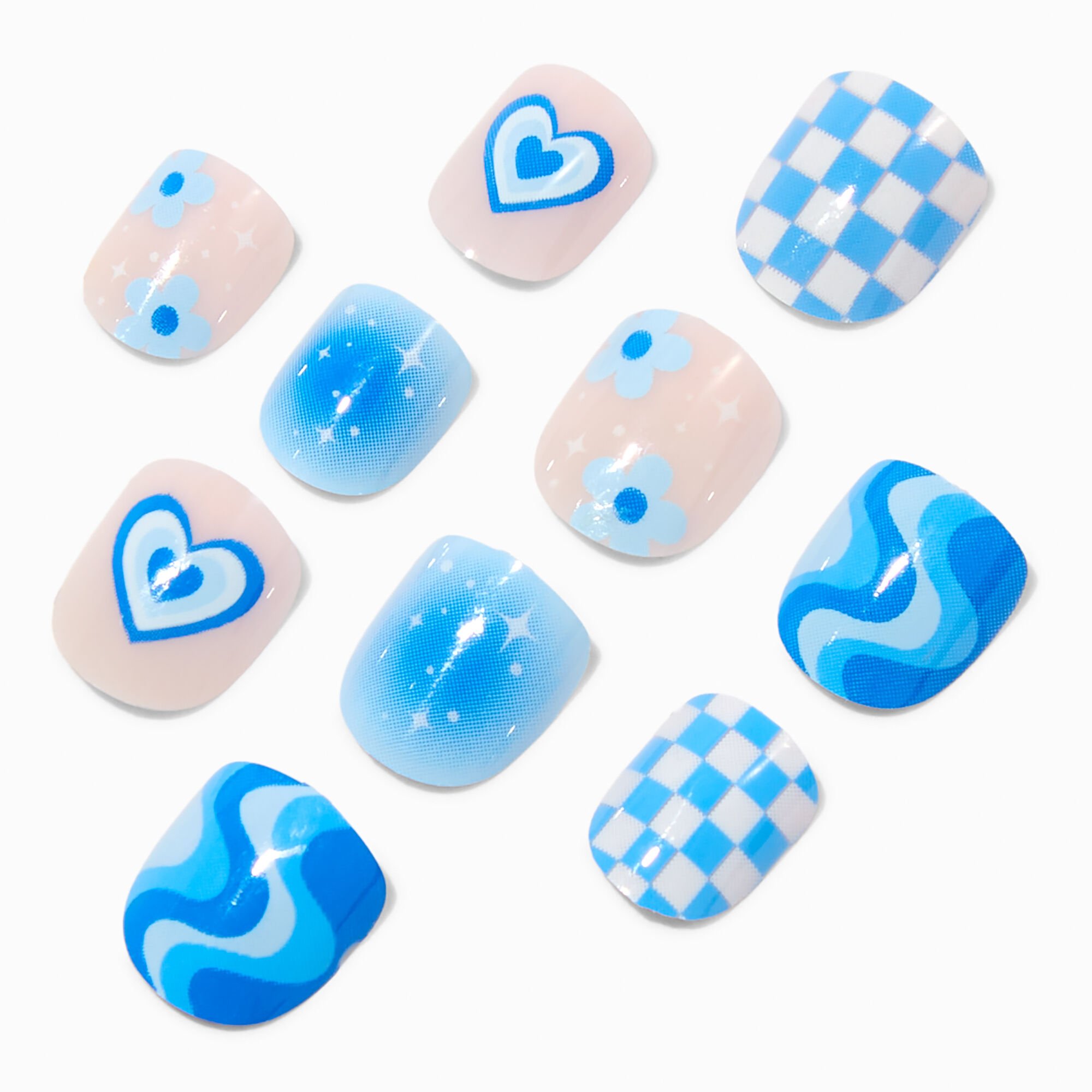 Claire's Club Blue Trendy Icon Press On Vegan Faux Nail Set - 10 Pack,