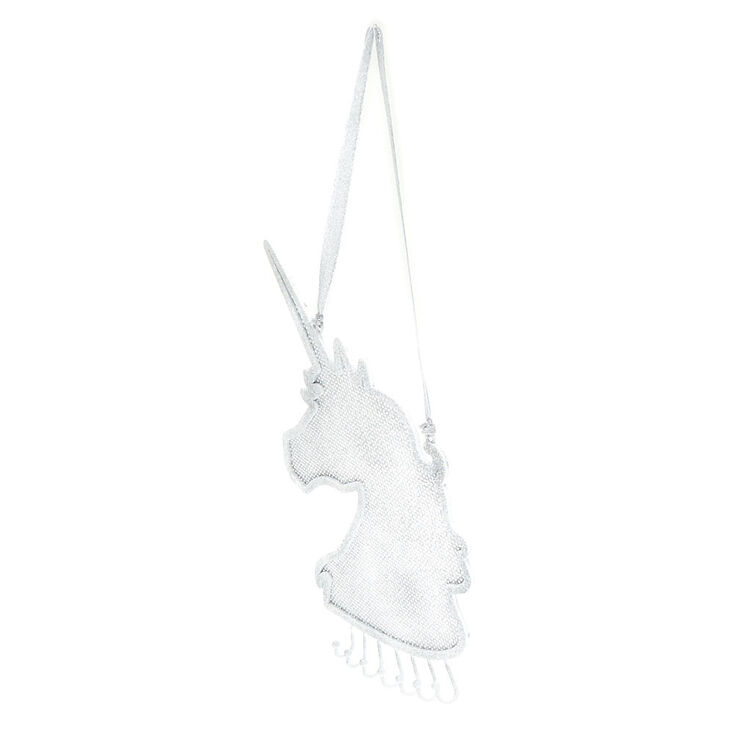 Porte-bijoux &agrave; suspendre couleur argent&eacute; avec paillettes motif licorne,