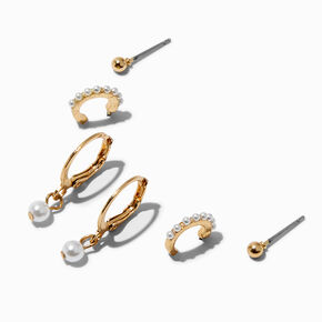  Pearl &amp; Gold-tone Earring Stackables Set - 3 Pack,