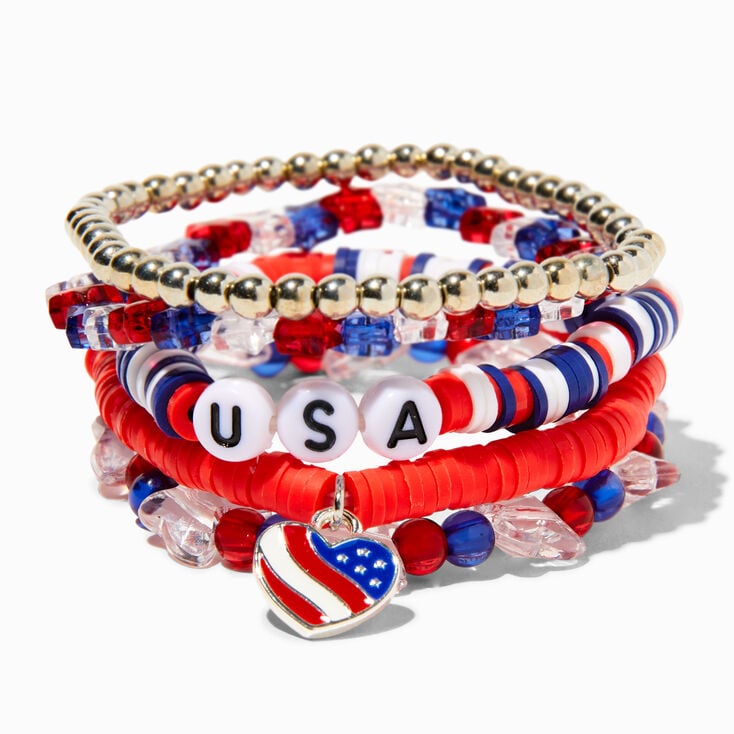Patriotic Red, White, &amp; Blue Beaded Bracelets - 5 Pack,
