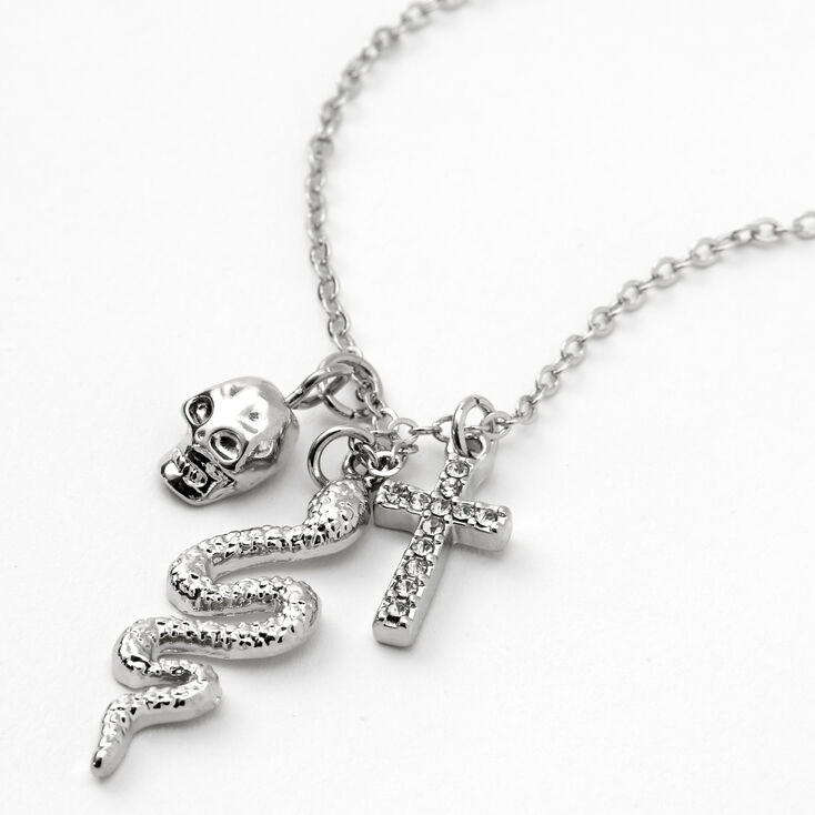 Silver Skull, Snake, &amp; Cross Pendant Necklace,