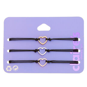 Mixed Metal Heart Adjustable Bracelets - Black, 3 Pack,