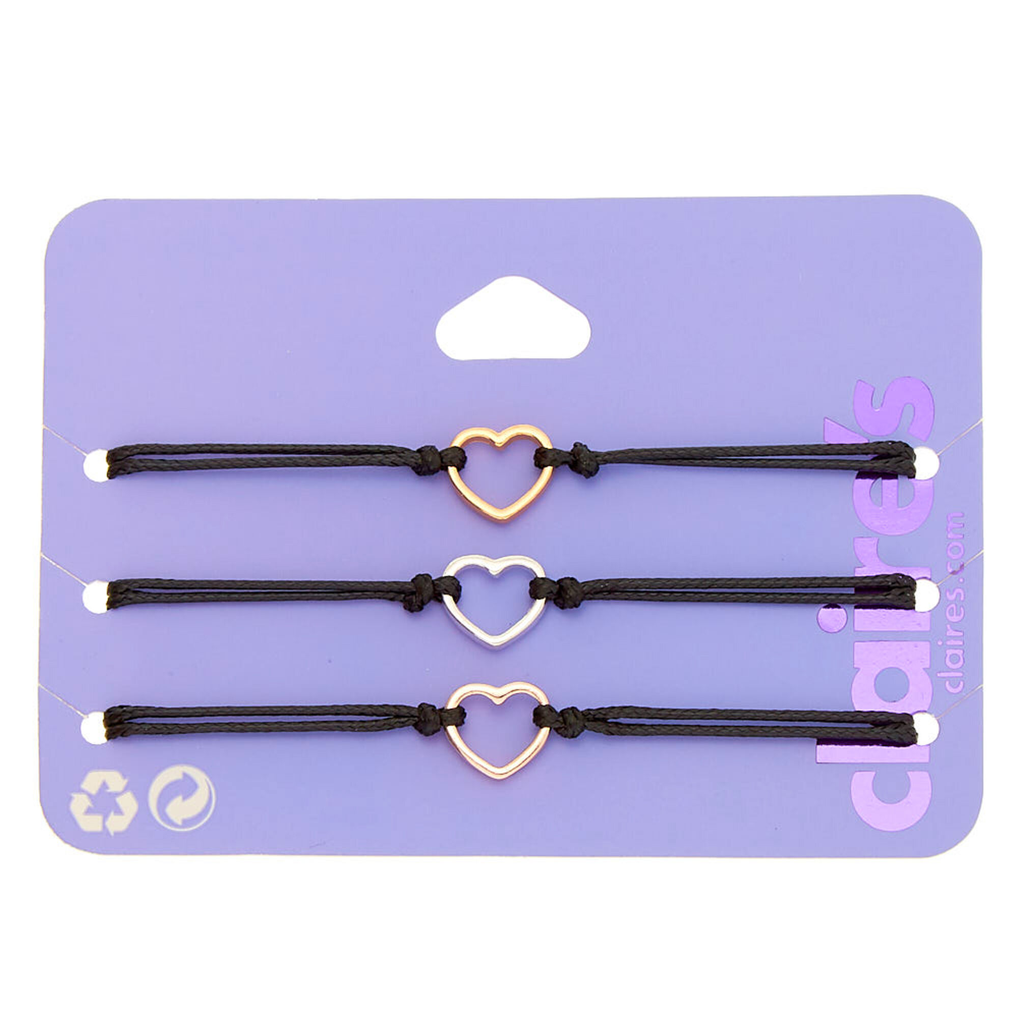 View Claires Mixed Metal Heart Adjustable Bracelets 3 Pack Black information