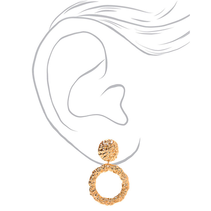 Gold 2&quot; Textured Circle Drop Earrings,