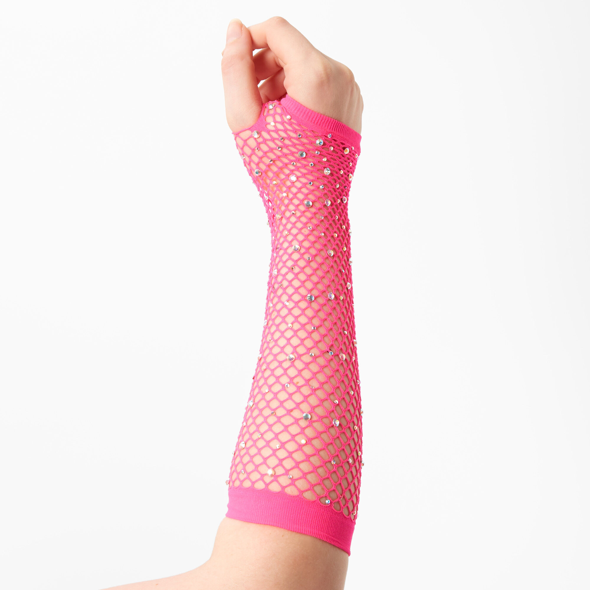 View Claires Rhinestone Fishnet Arm Warmers Pink information