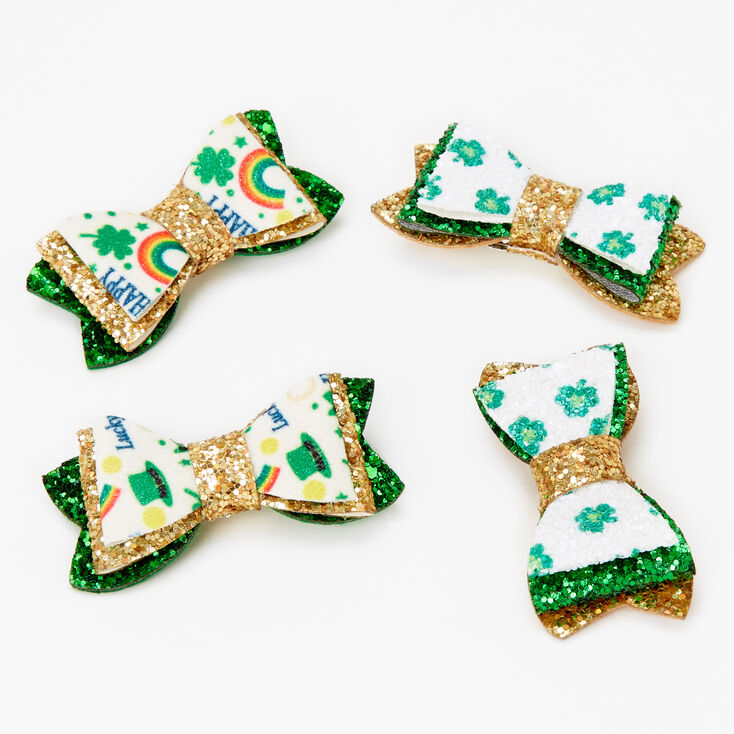 Glitzy St. Patrick&#39;s Day Hair Bow Clip - Green and Gold,